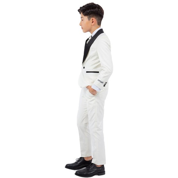Stacy Adams Boys Ivory Tuxedo Set, 5-Piece Black Shawl Collar - Picture 7 of 7